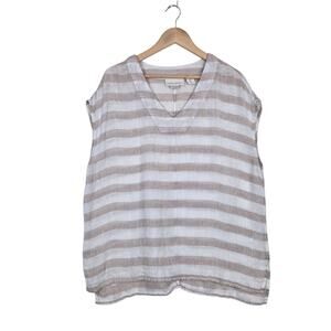 Cynthia Rowley Linen Top L Tan White Stripe Gauzy Coastal Relaxed